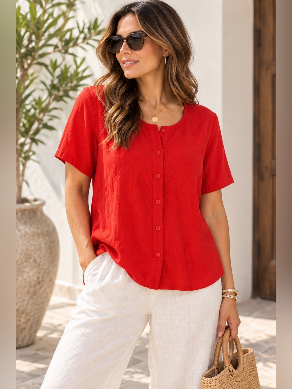 Jams World Red Rayon Button Front Blouse Made in Hawaii Small